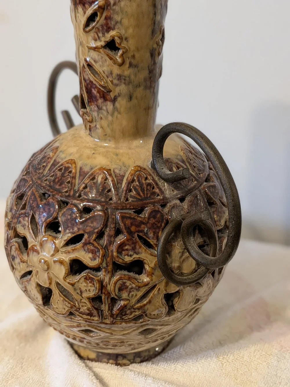 Vintage Glazed Ceramic Pierced Vase With Metal Handles